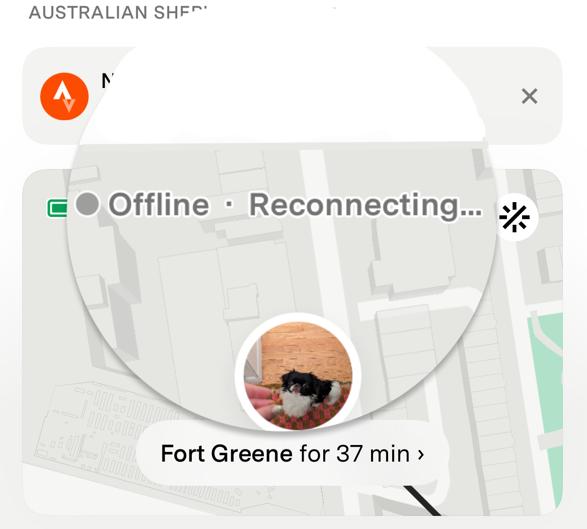 Live map showing a pet's location with 'Offline · Reconnecting...' status banner at the top