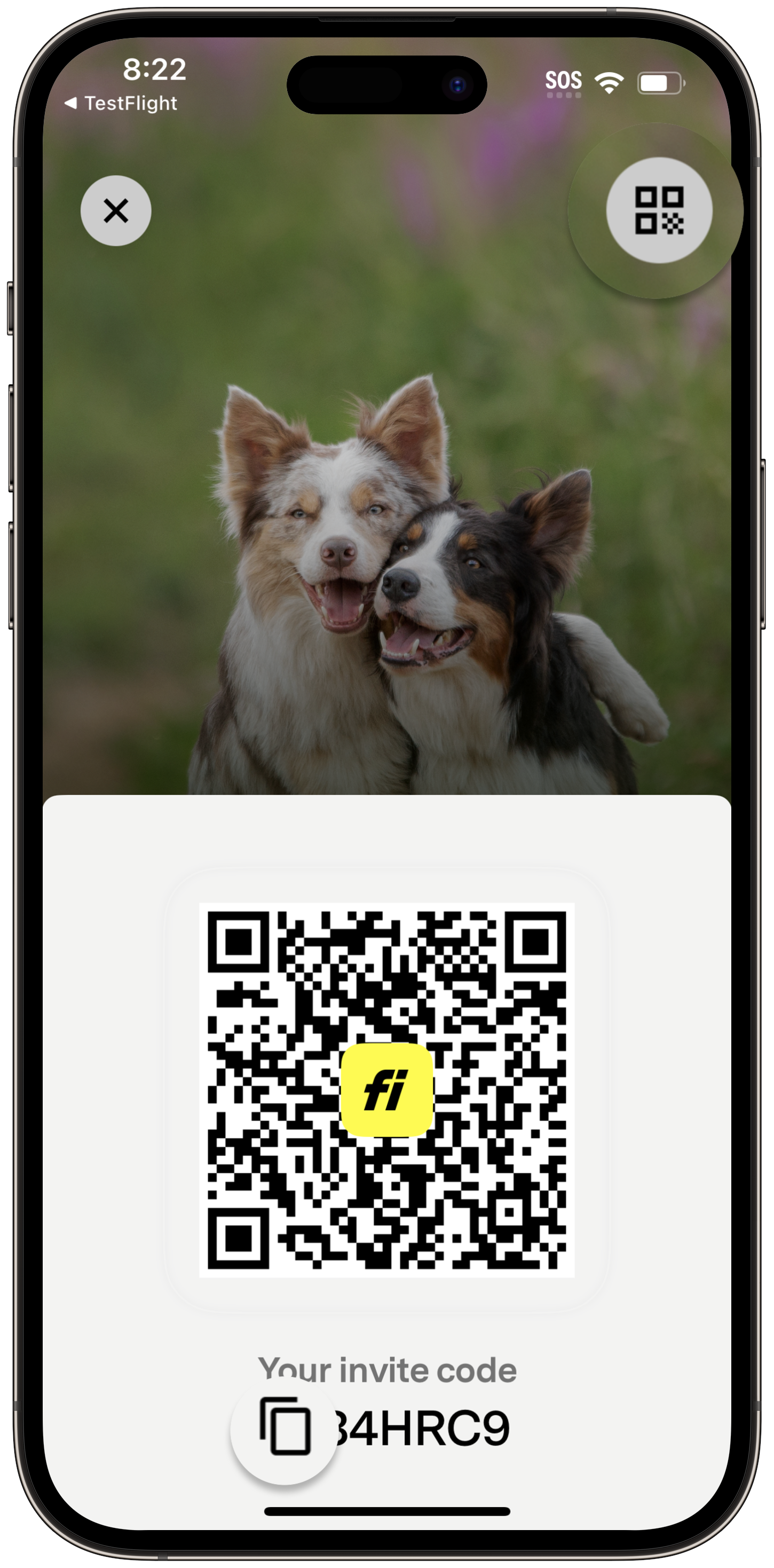 Fi app referral screen showing a QR code with the Fi logo and a personal invite code to share with friends