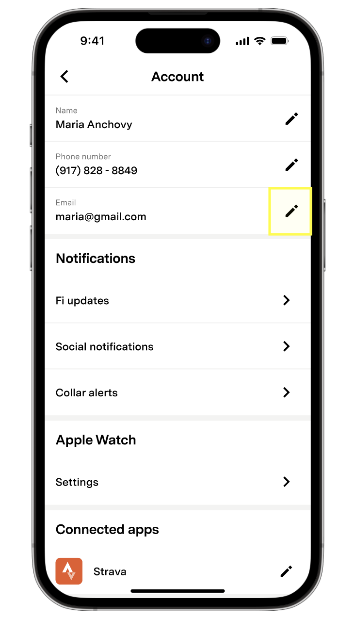 Pencil icon highlighted in account