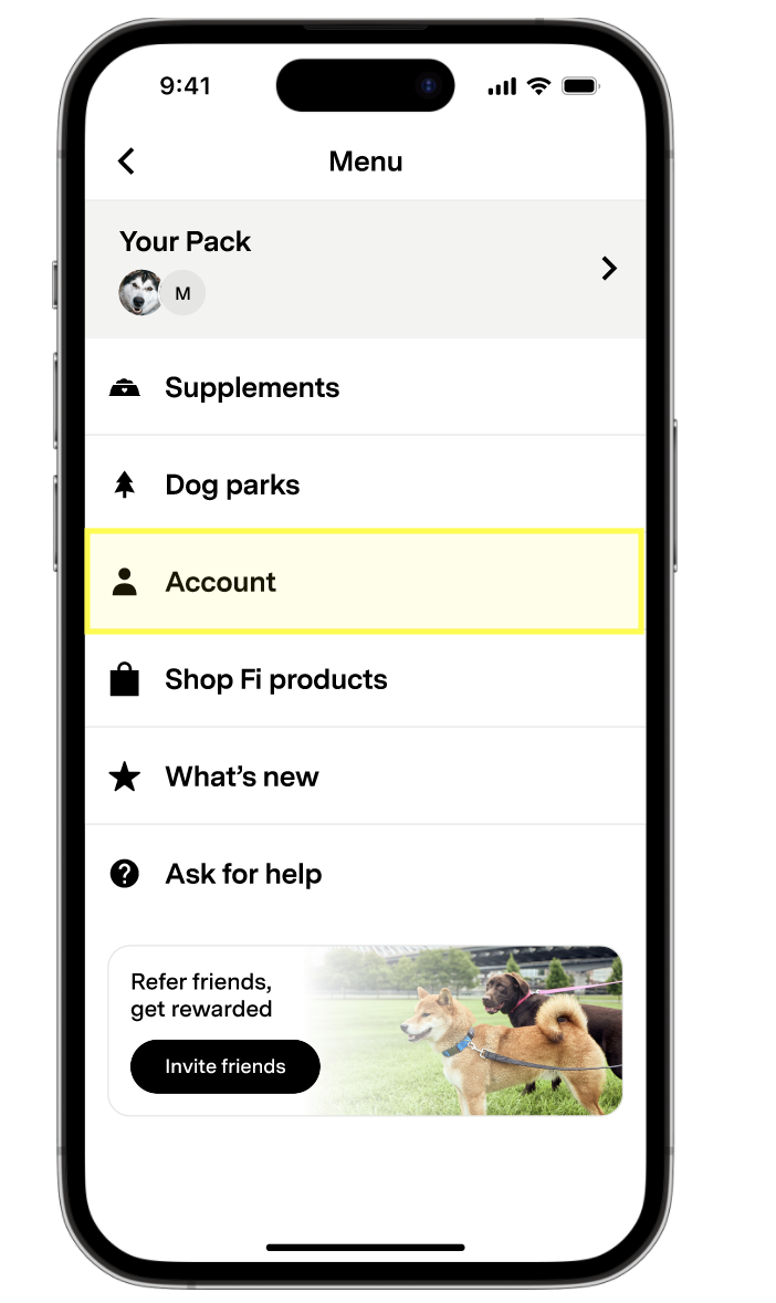 Account highlighted in Menu page