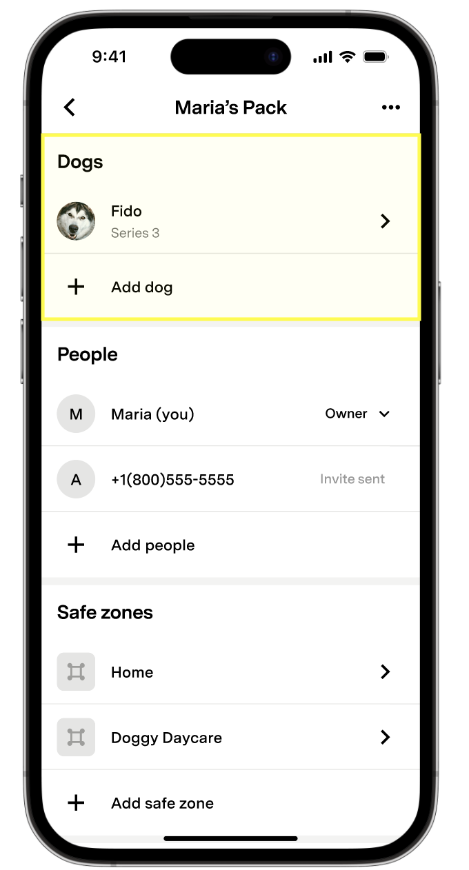 Dogs section highlighted in Fi App