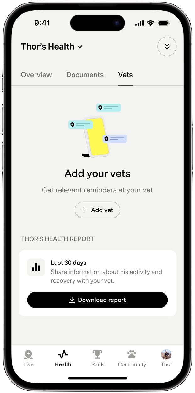 Health Tab Vets screen showing the Vets page overview