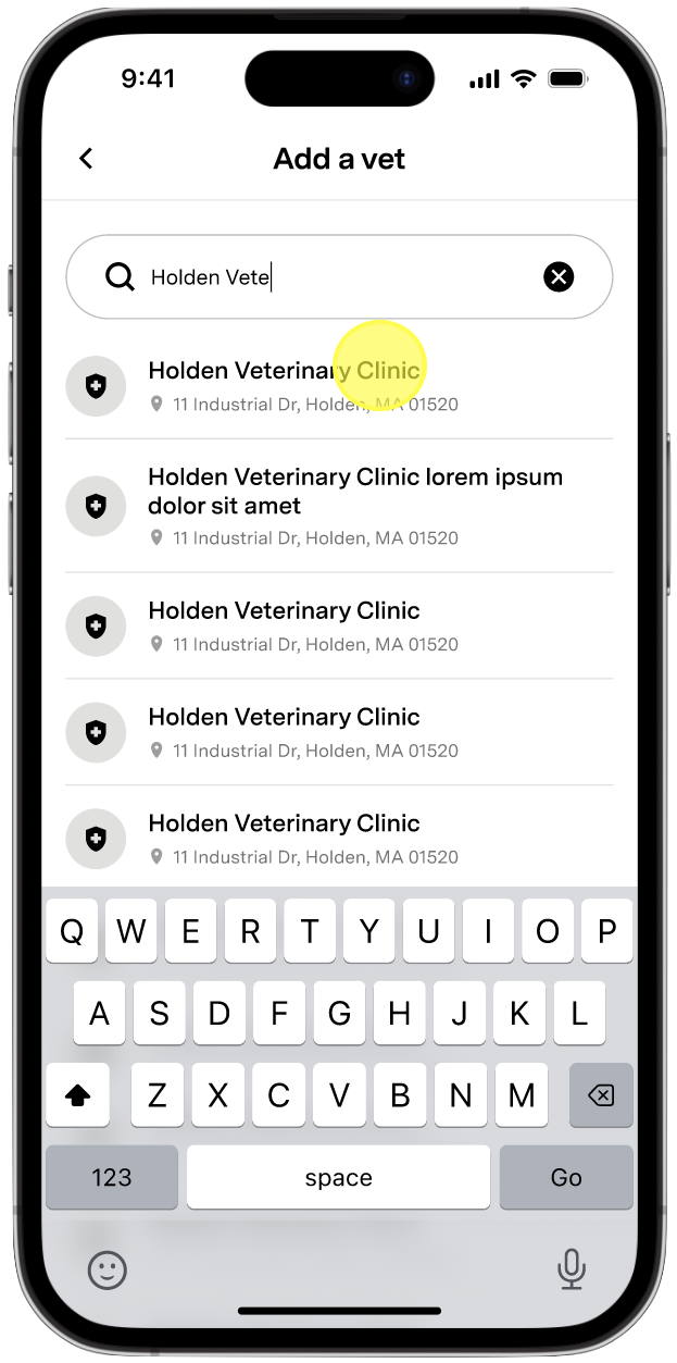 Health Tab Vet Search Bar with a vet name typed in the search field