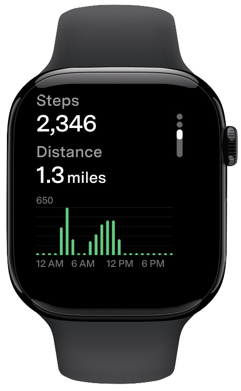 Steps and Distance screen on the Fi Apple Watch app showing total movement tracked