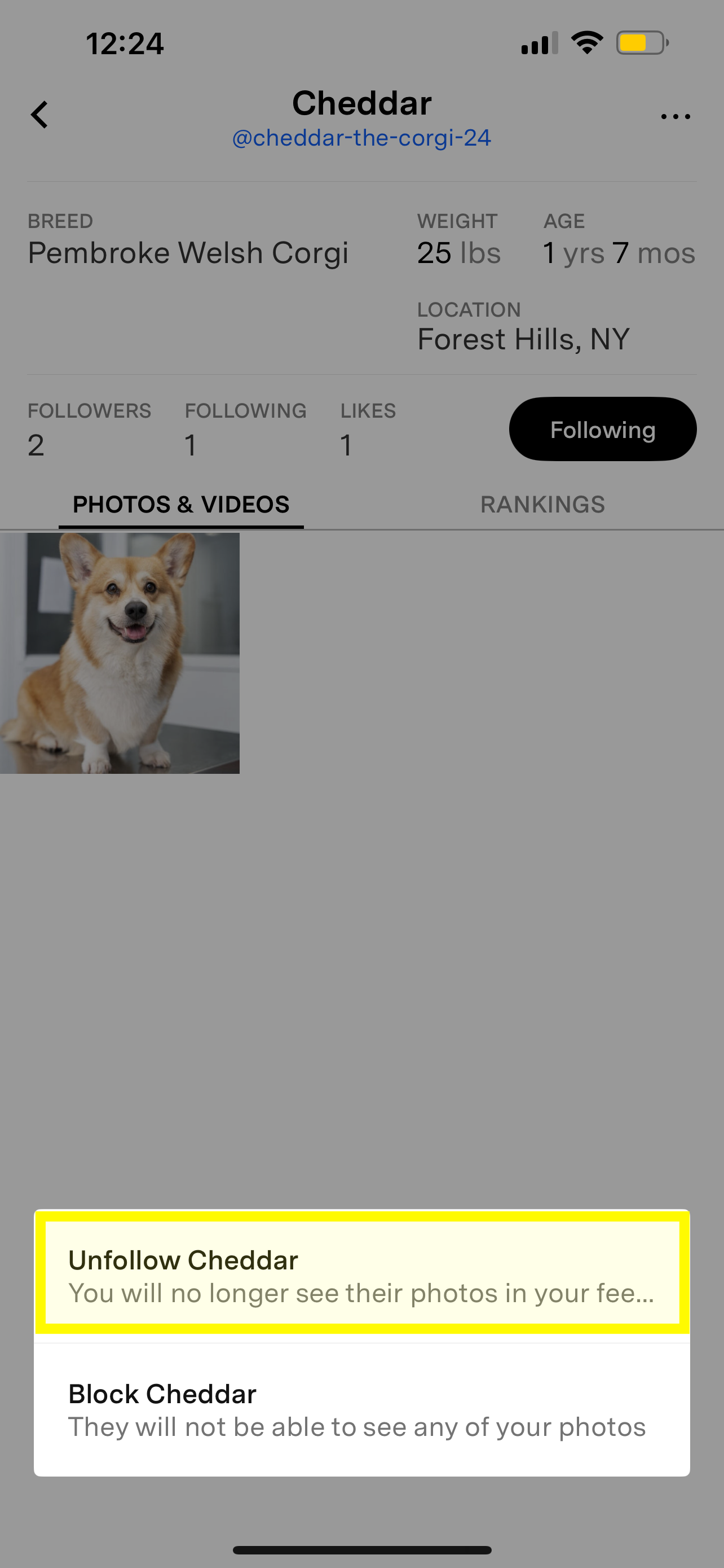 Unfollow highlighted