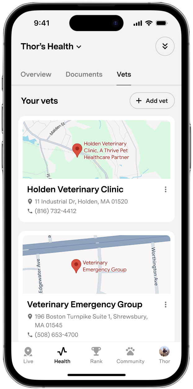 Vets section of the Health Tab showing nearby veterinarians and the pet's Health Report