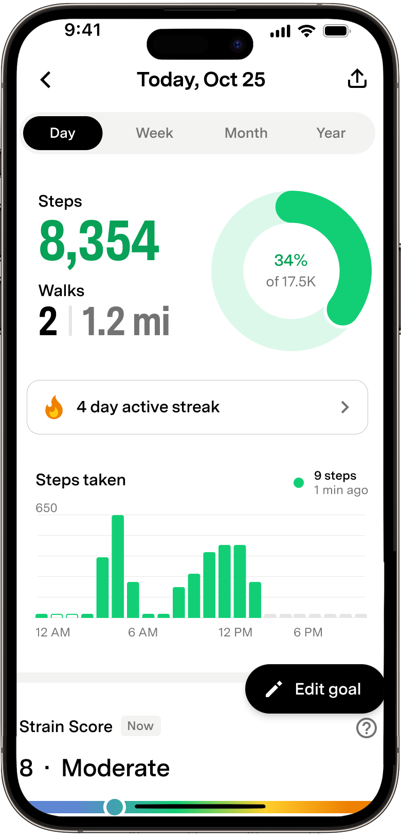 Page Récapitulatif d'activité de l'application Fi affichant des informations détaillées sur les pas et les promenades