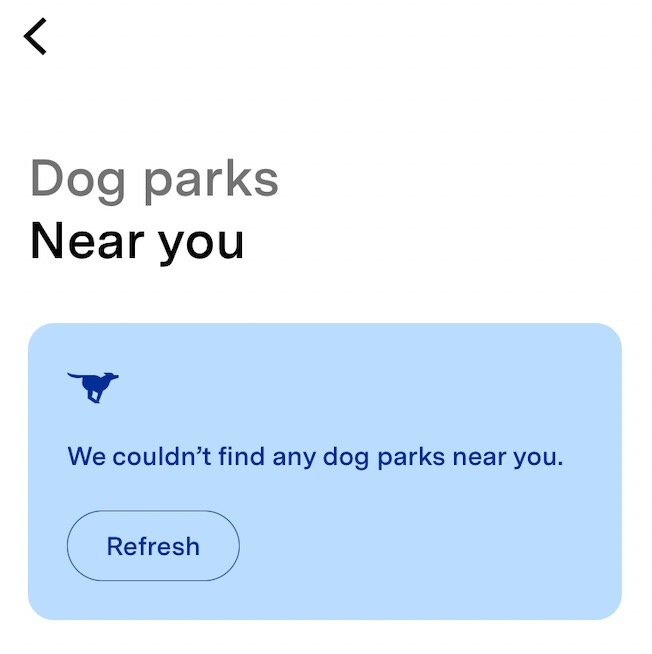 Mensaje de "No hay parques para perros cerca"