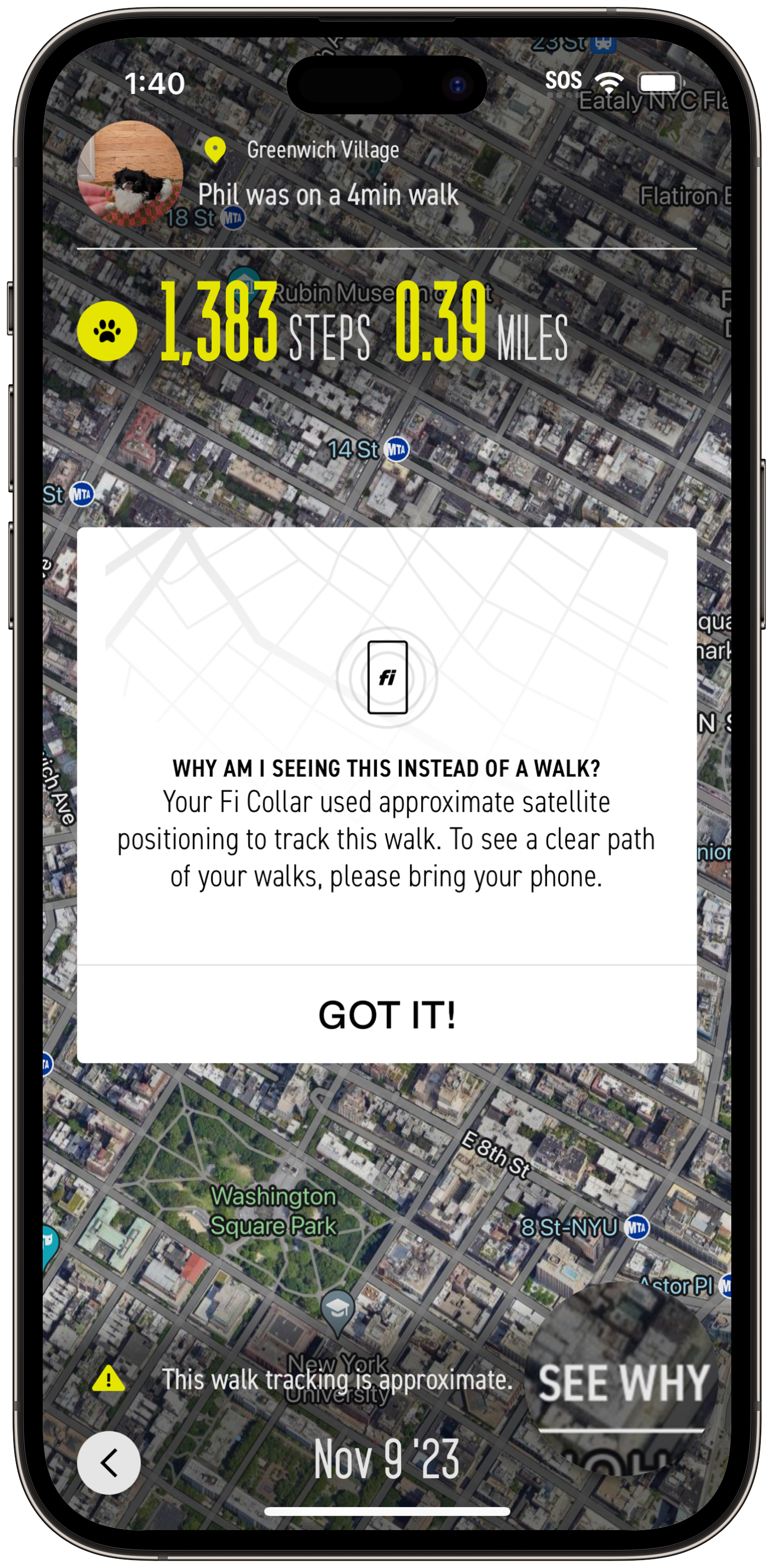 Écran de détail de promenade dans l'application Fi affichant un avis de suivi approximatif expliquant que le positionnement par satellite a été utilisé sans le téléphone