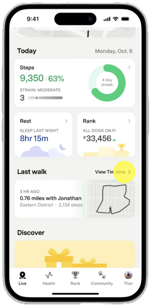 Spaziergangskarte in der Fi-App mit einem per GPS erfassten Spaziergang mit wenigen Datenpunkten und einer Warnung zum ungefähren Tracking