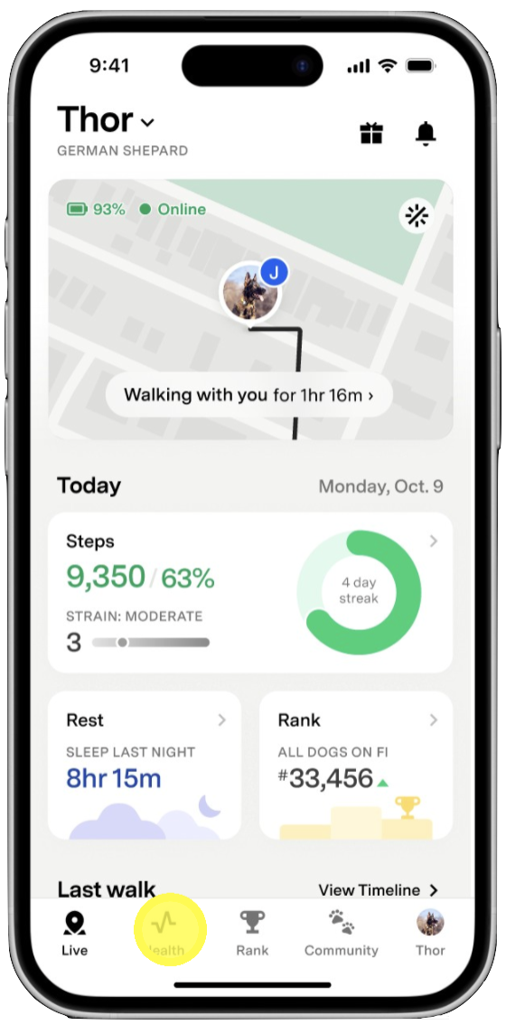 Navigatiebalk van de Fi App met het Gezondheid-tabblad geselecteerd en het overzicht van het Gezondheid-tabblad