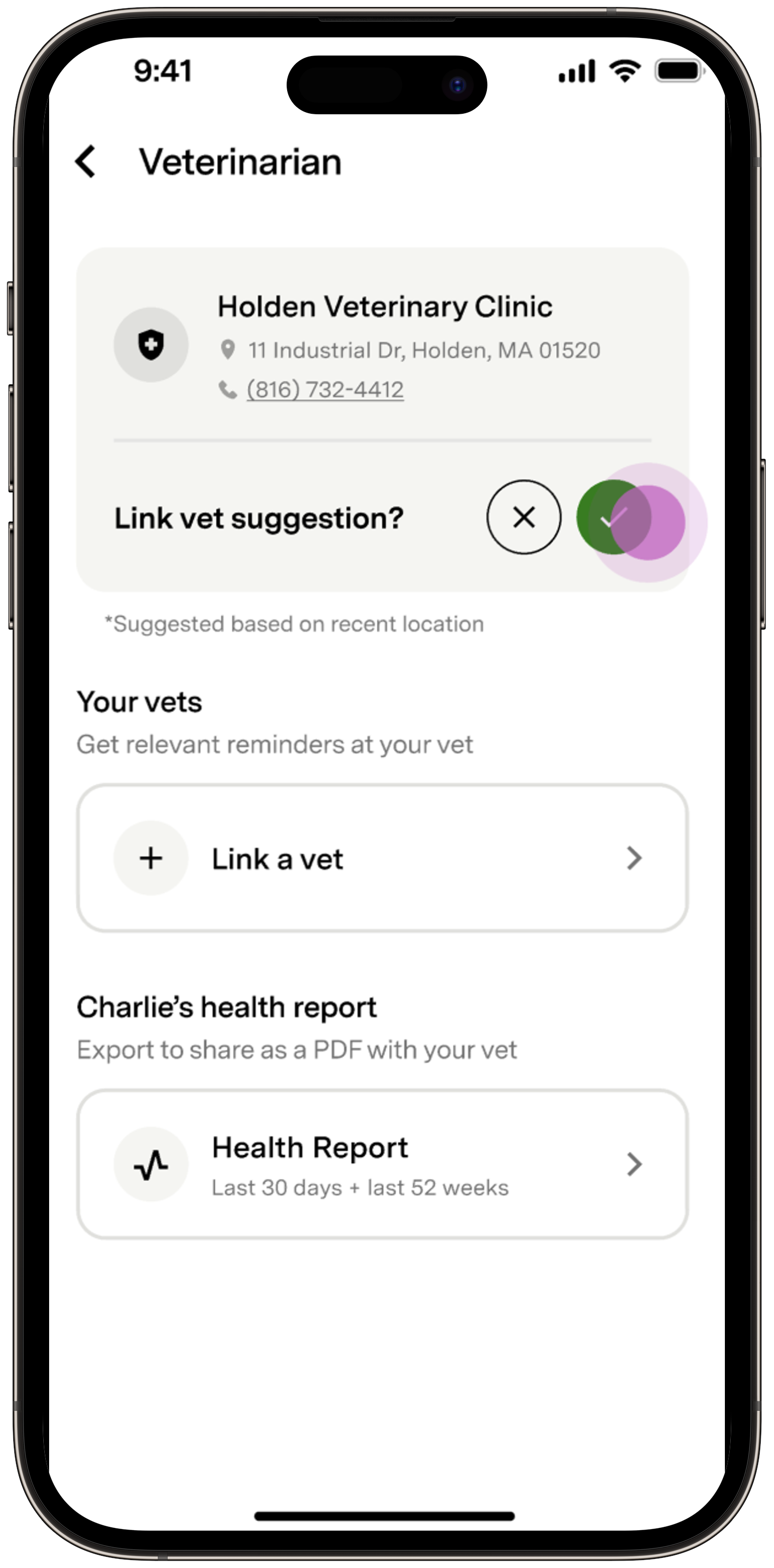Vet suggestion prompt in the Fi App showing a check mark to confirm adding a visited vet