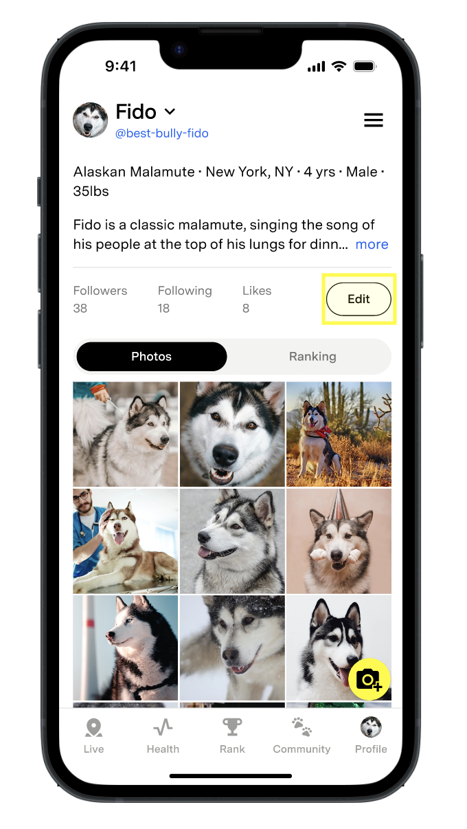 Fi App profile screen with Edit Profile option highlighted.