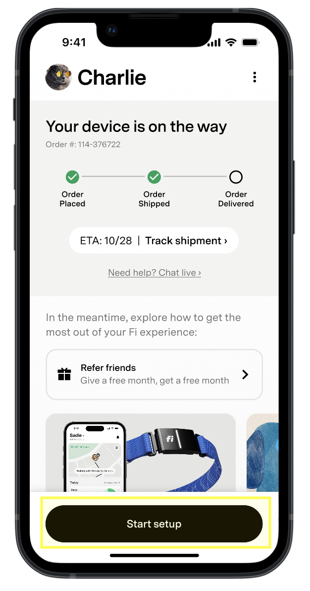 Botón Iniciar configuración resaltado en la app de Fi