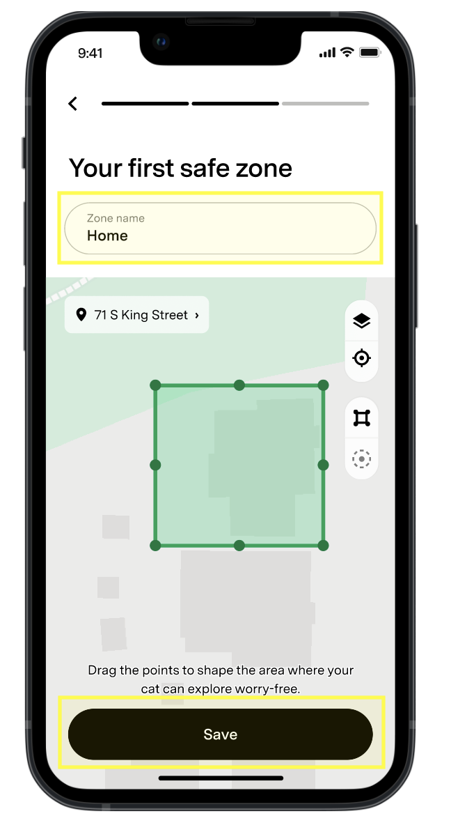 Pantalla de configuración de Zona segura con el campo de nombre y el botón Guardar resaltados