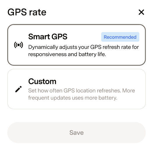Mapa en directo de la app Fi que muestra la acción rápida de Frecuencia de GPS con los ajustes GPS inteligente y Personalizado.